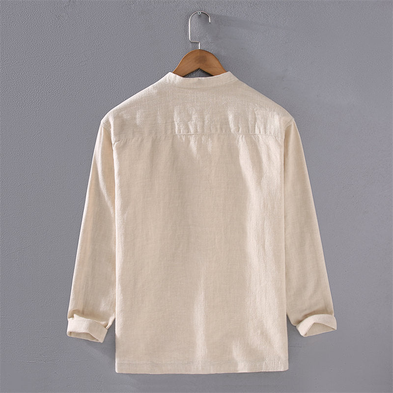 Stand Collar Cotton Linen Long Sleeve Shirt