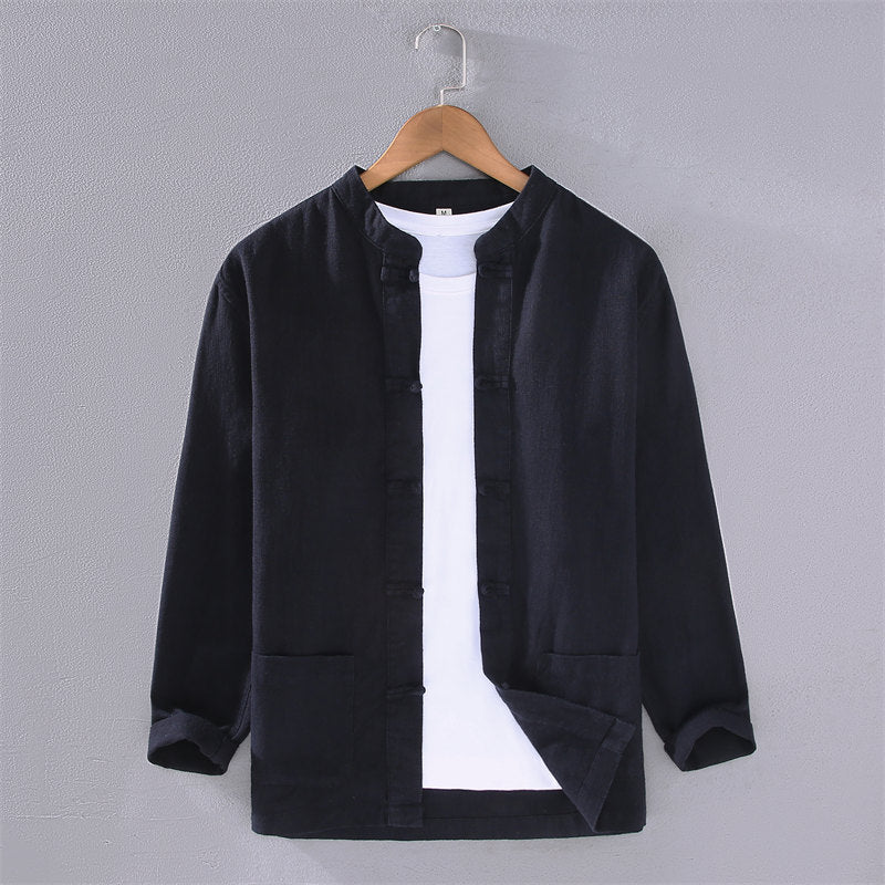 Stand Collar Cotton Linen Long Sleeve Shirt