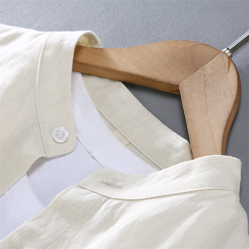 Stand Collar Pure Linen Long Sleeve Shirt